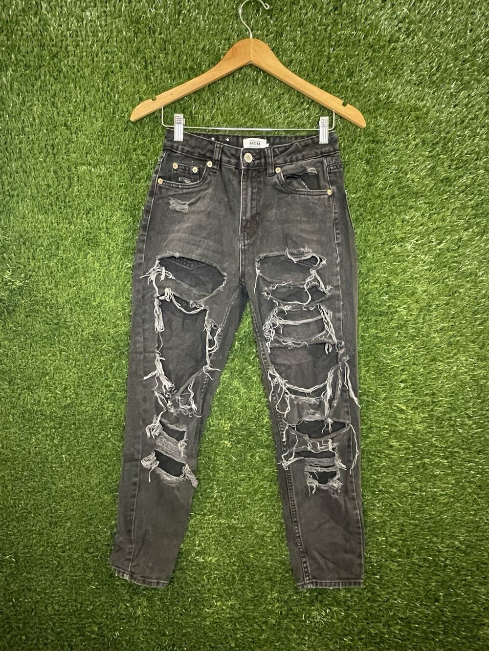 MOM High-Rise Black Distressed Jeans - Super Ripped Ultra-Destroyed Denim - Sz 0